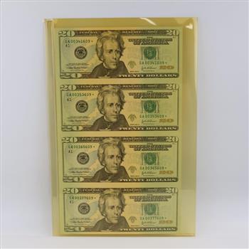 2004-A US Federal Reserve Note Twenty Dollars UNCUT Sheet Of 4 Bills