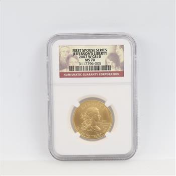 2007-W MS70 First Spouse Jefferson's Liberty Fine Gold $10 1/2oz NGC Graded
