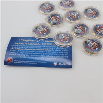 2008 Barack Obama US Gold Plated Colorized Dollar, 10 Coins Includes COA