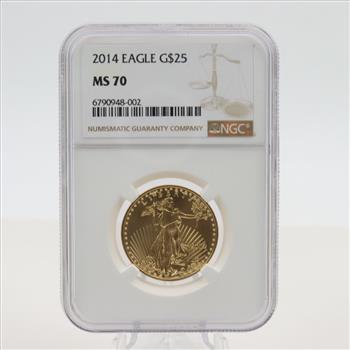 2014 MS70 American Eagle 25 Dollar 1/2oz Gold Coin NGC Graded