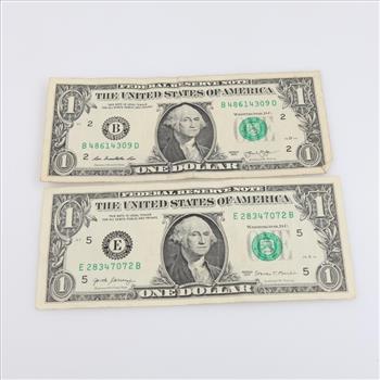 2017 & 2013 US Federal Reserve Note 1 Dollar, 2 Pieces