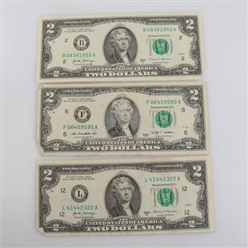 2017-A, & 2009 US Federal Reserve $2 Note, 3 Pieces