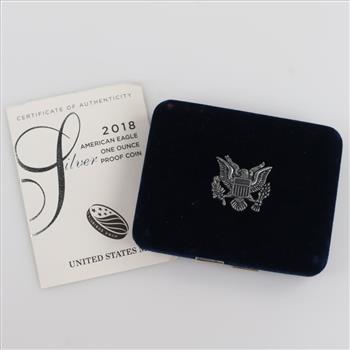 2018-S American Eagle Fine Silver 1 Oz Proof Dollar, COA With Box