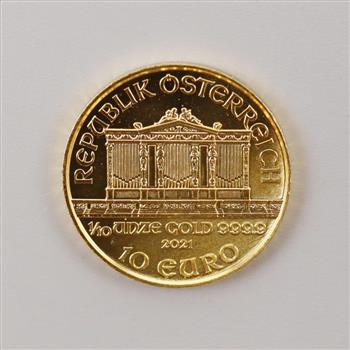 2021 Austrian Philharmonic Fine Gold 10 Euro 1/10th Oz. Coin