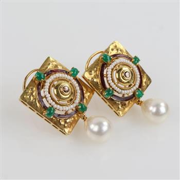 20kt Gold Pearl Diamond And Emerald Square Earrings-Evaluated By Our Certified Gemologist-AGS/GIA