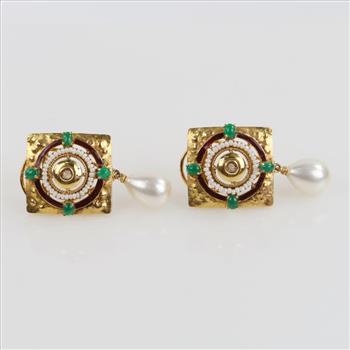 20kt Gold Pearl Diamond And Emerald Square Earrings-Evaluated By Our Certified Gemologist-AGS/GIA