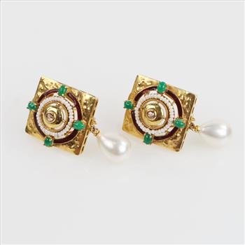20kt Gold Pearl Diamond And Emerald Square Earrings-Evaluated By Our Certified Gemologist-AGS/GIA