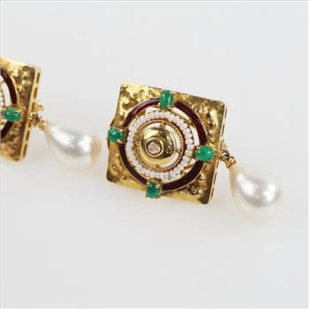 20kt Gold Pearl Diamond And Emerald Square Earrings-Evaluated By Our Certified Gemologist-AGS/GIA