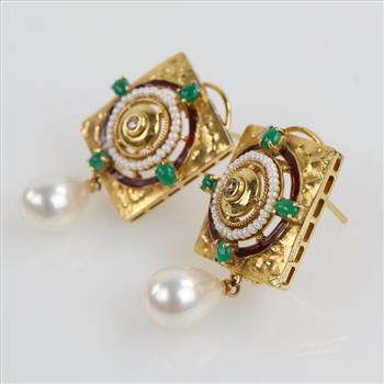 20kt Gold Pearl Diamond And Emerald Square Earrings-Evaluated By Our Certified Gemologist-AGS/GIA