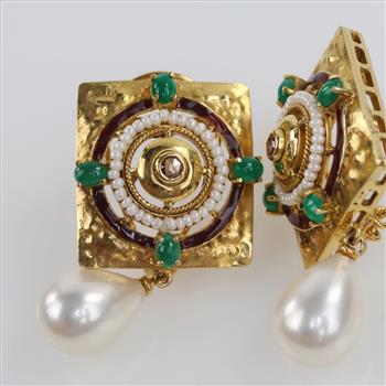 20kt Gold Pearl Diamond And Emerald Square Earrings-Evaluated By Our Certified Gemologist-AGS/GIA