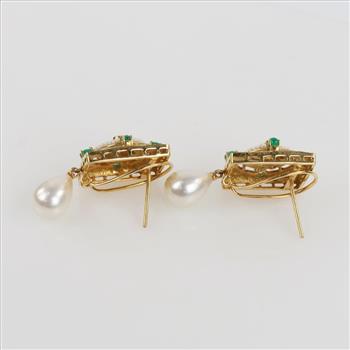 20kt Gold Pearl Diamond And Emerald Square Earrings-Evaluated By Our Certified Gemologist-AGS/GIA