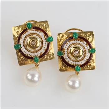 20kt Gold Pearl Diamond And Emerald Square Earrings-Evaluated By Our Certified Gemologist-AGS/GIA