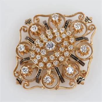 2.13cts TW Diamond 14kt Gold Black Enamel Vintage Brooch- Evaluated By Certified Gemologist-AGS/GIA