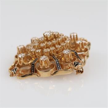 2.13cts TW Diamond 14kt Gold Black Enamel Vintage Brooch- Evaluated By Certified Gemologist-AGS/GIA