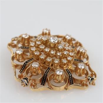 2.13cts TW Diamond 14kt Gold Black Enamel Vintage Brooch- Evaluated By Certified Gemologist-AGS/GIA