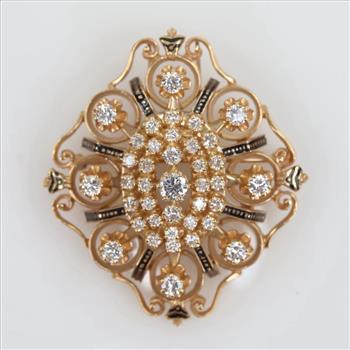 2.13cts TW Diamond 14kt Gold Black Enamel Vintage Brooch- Evaluated By Certified Gemologist-AGS/GIA