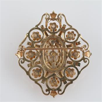 2.13cts TW Diamond 14kt Gold Black Enamel Vintage Brooch- Evaluated By Certified Gemologist-AGS/GIA