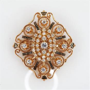 2.13cts TW Diamond 14kt Gold Black Enamel Vintage Brooch- Evaluated By Certified Gemologist-AGS/GIA
