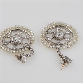 2.14ctTW Diamond Pearl 14kt White Gold Circle Drop Earrings-Evaluated By Certified Gemologist-AGSGIA