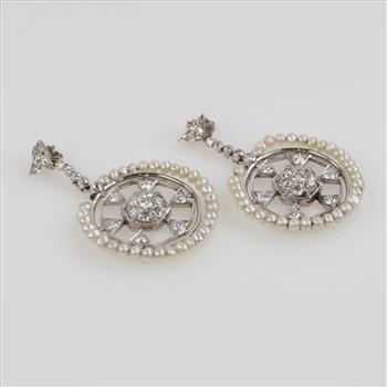 2.14ctTW Diamond Pearl 14kt White Gold Circle Drop Earrings-Evaluated By Certified Gemologist-AGSGIA