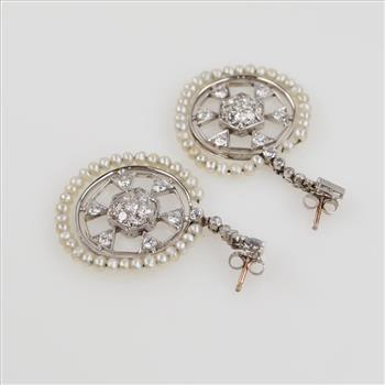 2.14ctTW Diamond Pearl 14kt White Gold Circle Drop Earrings-Evaluated By Certified Gemologist-AGSGIA
