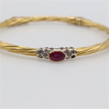 21kt Two-Tone Gold Clear Stone Red Stone Bangle