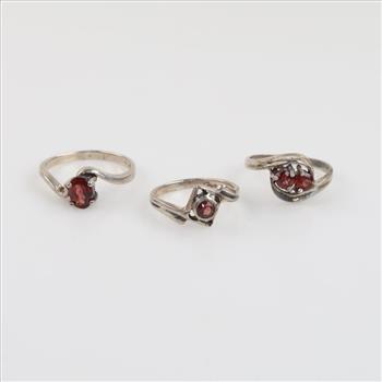 3 Sterling Silver Red Stone Rings