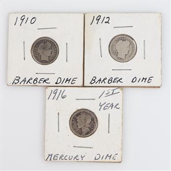 3 US Barber & Mercury Silver Dimes