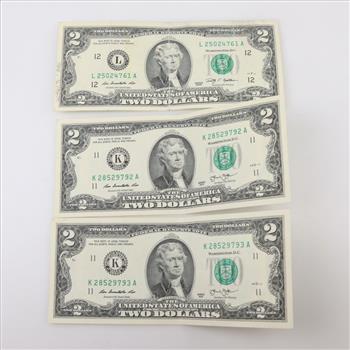 3 US Federal Reserve Note Two Dollars