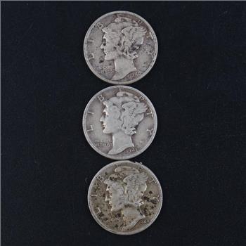 3 US Mercury Silver Dimes