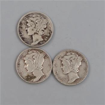3 US Mercury Silver Dimes