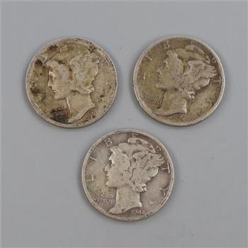 3 US Mercury Silver Dimes
