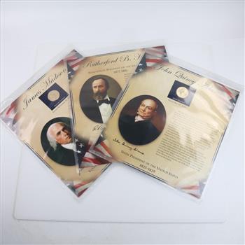 3 US Presidential Dollar Coin Collection Sheets, 8+ Stamps And Coins