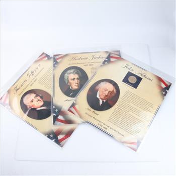 3 US Presidential Dollar Coin Collection Sheets, 8+ Stamps And Coins