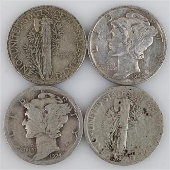 4 US Mercury Silver Dimes