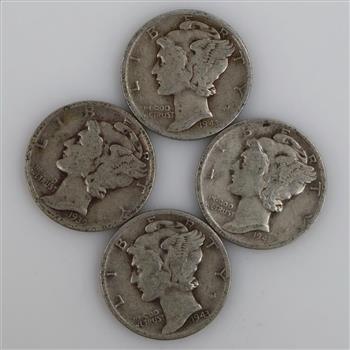 4 US Mercury Silver Dimes
