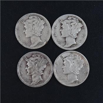 4 US Mercury Silver Dimes