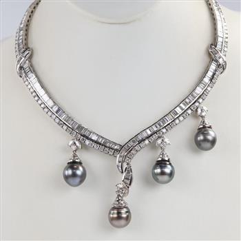 43.34ctTW Diamond Black Tahitian Pearl 14kt White Gold Necklace-Evaluated By Certified Gemologist