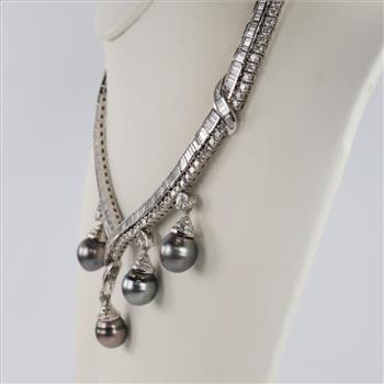 43.34ctTW Diamond Black Tahitian Pearl 14kt White Gold Necklace-Evaluated By Certified Gemologist