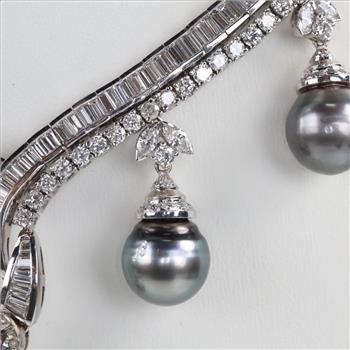 43.34ctTW Diamond Black Tahitian Pearl 14kt White Gold Necklace-Evaluated By Certified Gemologist