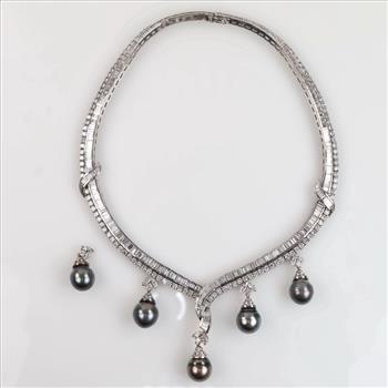 43.34ctTW Diamond Black Tahitian Pearl 14kt White Gold Necklace-Evaluated By Certified Gemologist