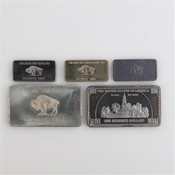 5 Bullion Bars, Tin, Lead, Silver, Iron