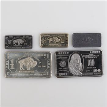 5 Bullion Bars, Tin, Lead, Silver, Iron