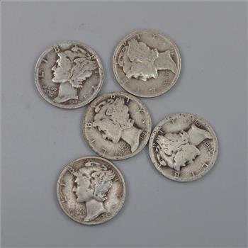 5 US Mercury Silver Dimes