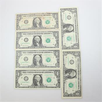 6 US Federal Reserve Note $1 Dollar Bill, Includes Star Note