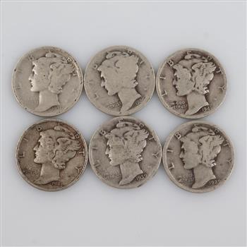 6 US Mercury Silver Dimes