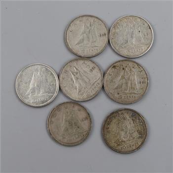 7 Canadian Silver Ten Cent Coins