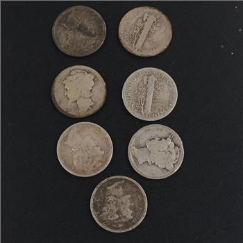7 US Mercury Silver Dimes