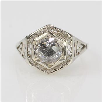 .75ct Diamond 14k White Gold Filigree Signet Ring, 2.2g