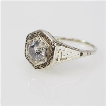 .75ct Diamond 14k White Gold Filigree Signet Ring, 2.2g